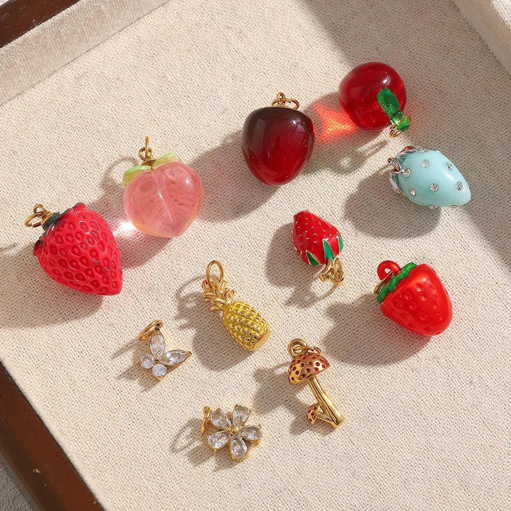 Dreamidea 18K Gold Plated Stainless Steel DIY Jewelry Making Set Colorful Enamel Fruit & Flower Charm with Zircon Main Stone