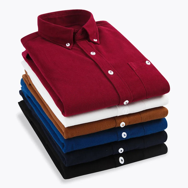 Factory Wholesale Woven Breathable Embroidered Corduroy Long Sleeve Casual Buttoned Lapel Pocket Men's Shirt In-Stock