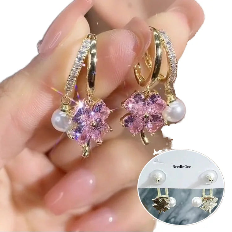 Purple Crystal Four-Leaf Flower Pearl Earring Buckle Luxury Fashion Jewelry for Women for Weddings Parties Copper Material