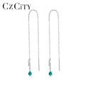 CZCITY 925 Sterling Silver Threader Drop Earring Chain for Women Elegant Long Chain Emerald Teardrop Earrings