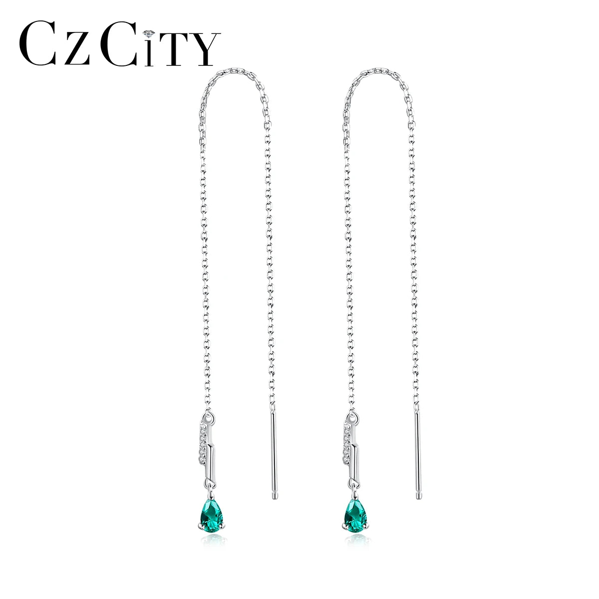 CZCITY 925 Sterling Silver Threader Drop Earring Chain for Women Elegant Long Chain Emerald Teardrop Earrings