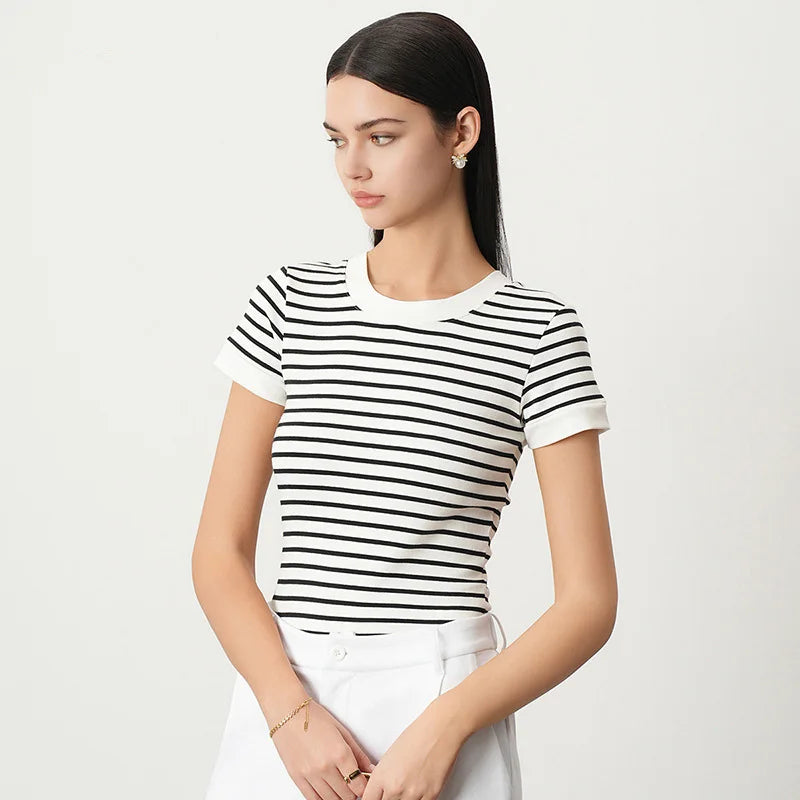 OEM Wholesale Hiqh Quality Cotton Ladies Short Sleeve Round Neck Summer Stripe Crop T Shirt for Women