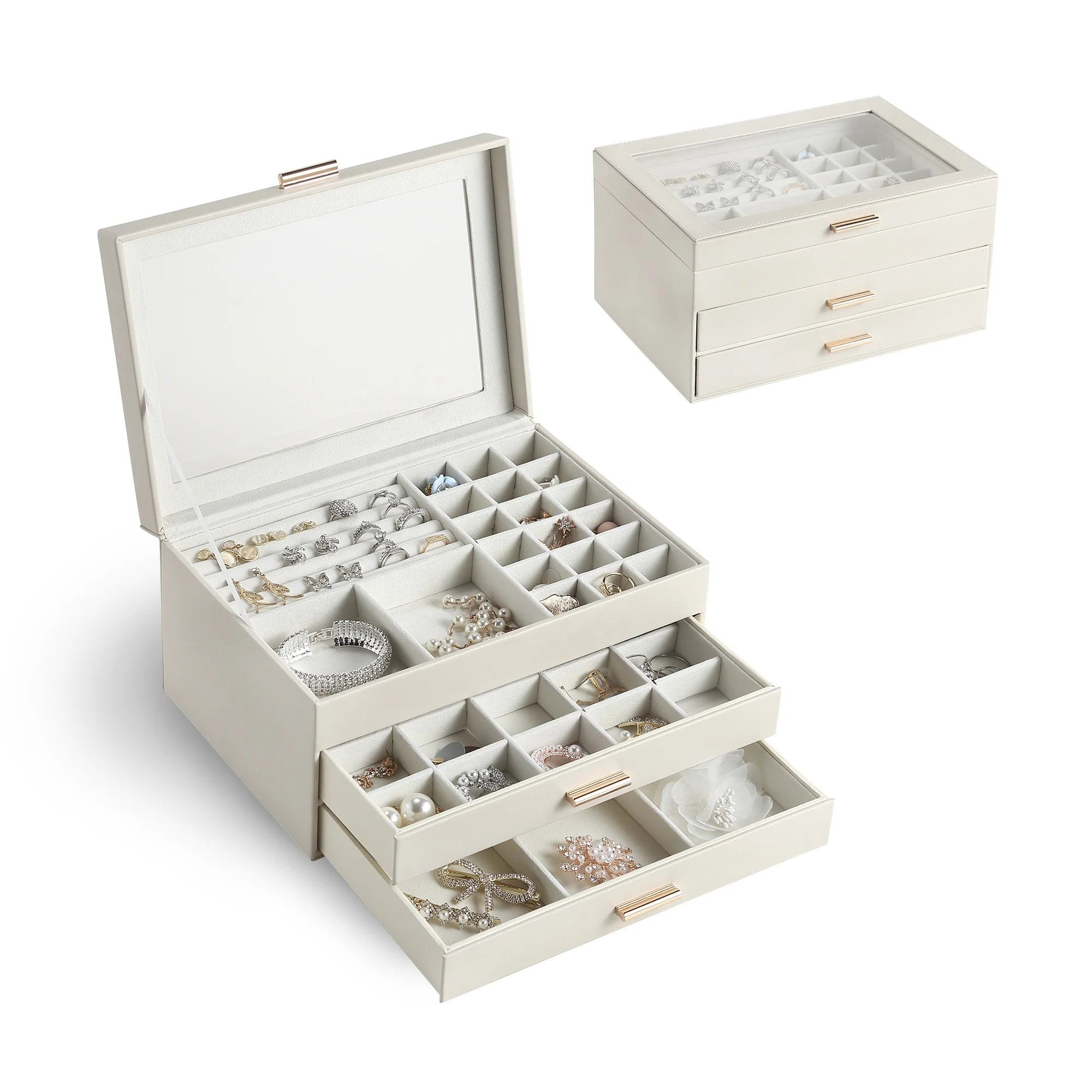 Hot Sale Large PU Leather 3-Layer Ring Earring Necklace Drawer Jewelry Box with Glass Lid