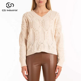 Sweater Manufacturer Custom Color Women Pullover Knitted Sweater v Neck Bead Design Fashion Loose Crochet Sweater Knitwear