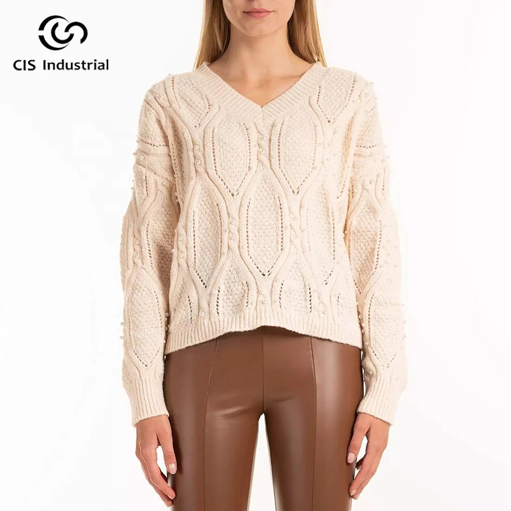 Sweater Manufacturer Custom Color Women Pullover Knitted Sweater v Neck Bead Design Fashion Loose Crochet Sweater Knitwear