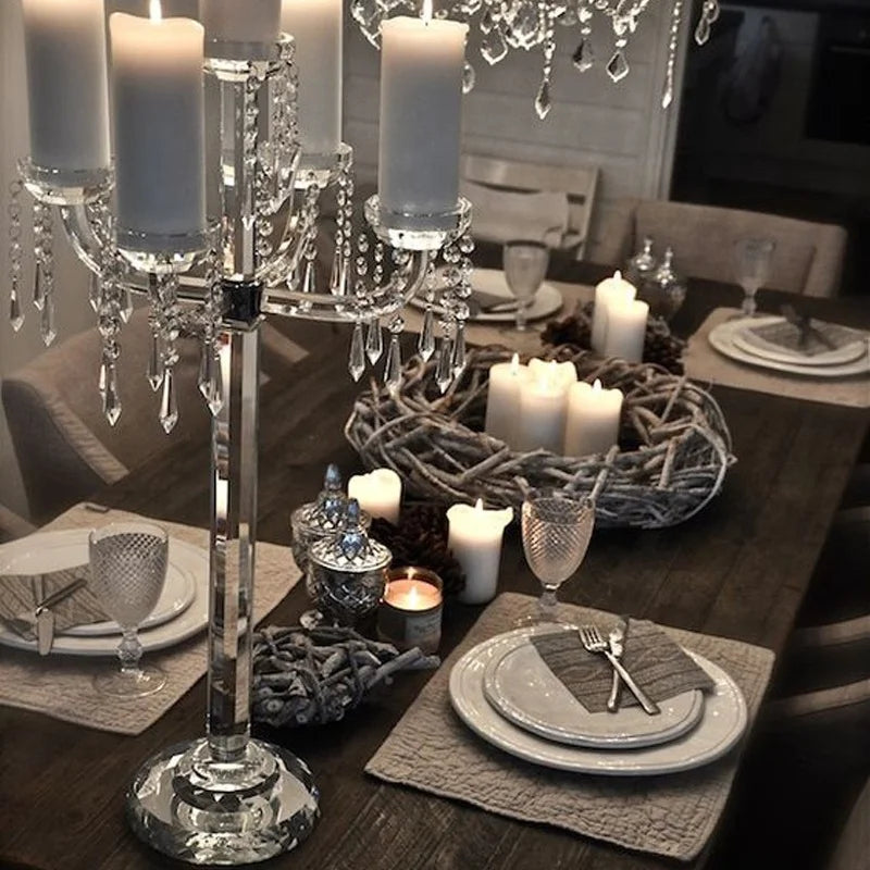 Romantic 5-Arms Votive Glass Crystal Candelabra with Beads for Wedding and Home Decor for Valentine's Day