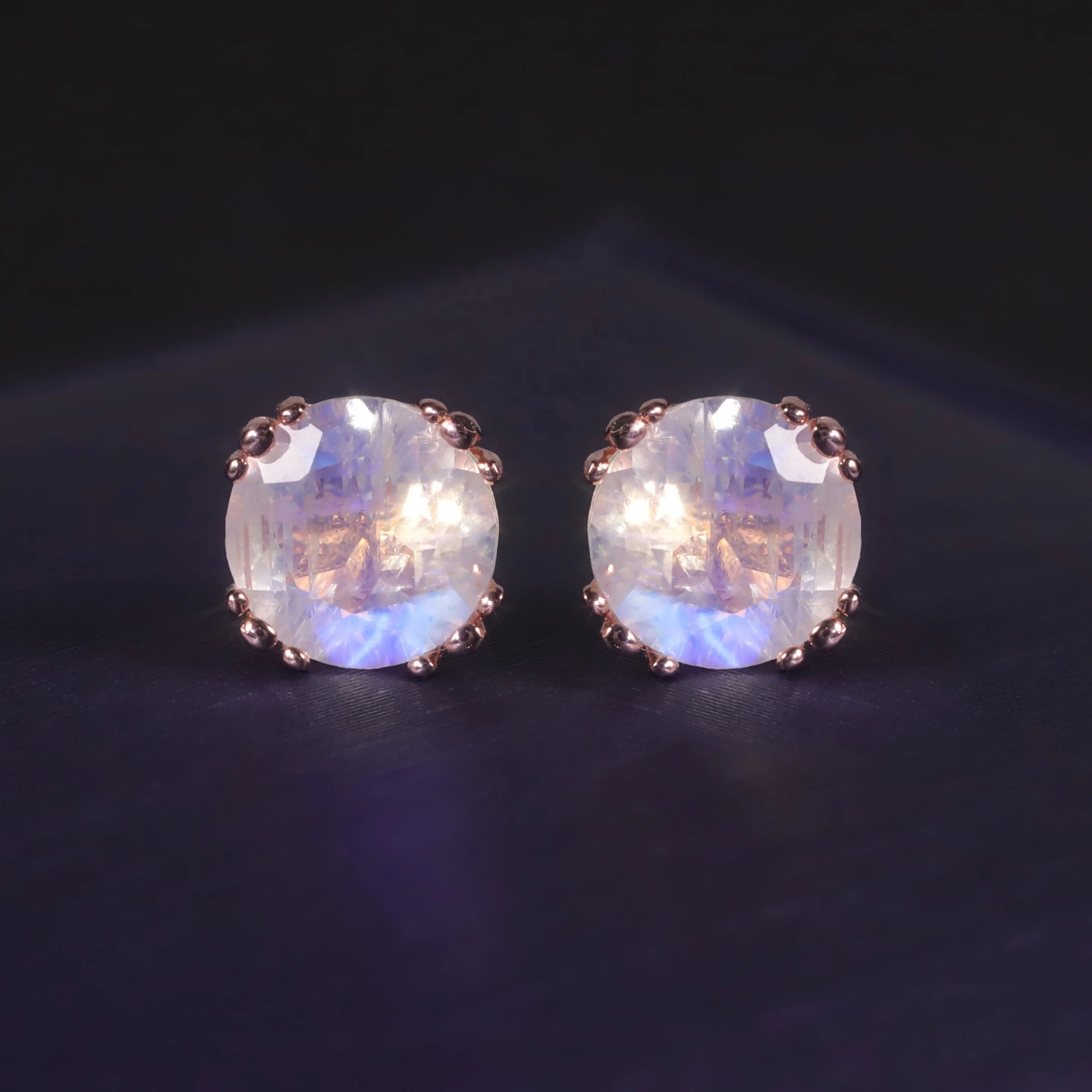 OL1009 Abiding Round Brillant Cut 6MM Natural Rainbow Moonstone 925 Sterling Silver Rose Gold Plated Stud Earrings for Women
