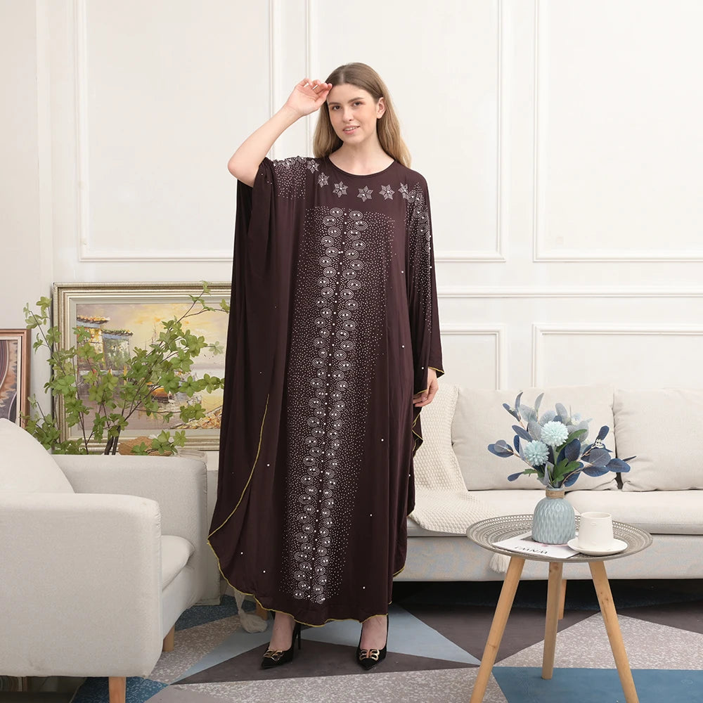 Middle East Arab Muslim Women's Black Loose Chiffon Diamond Abaya Dress Robe Polyester Plus Size