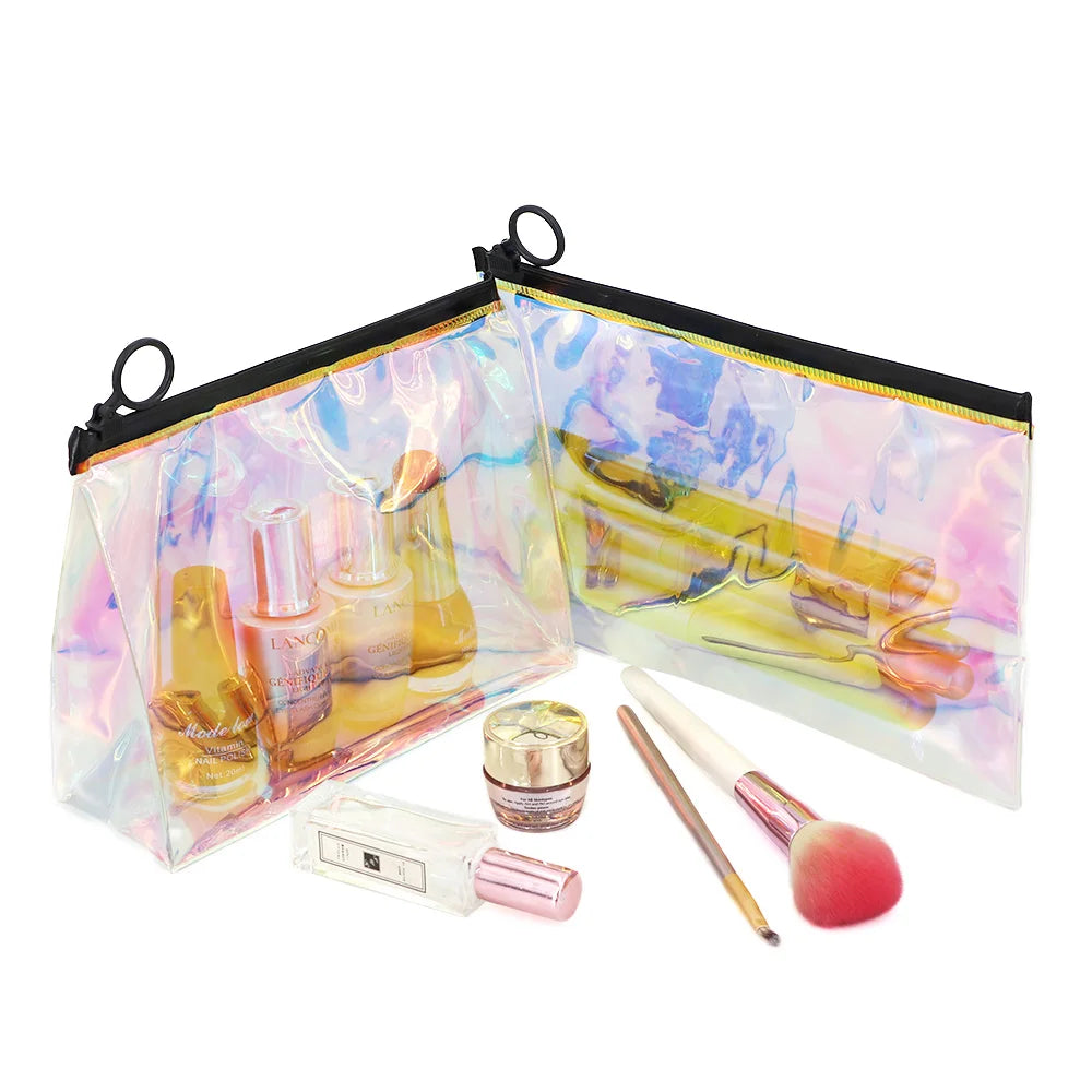 Custom Organizer case Bags Portable Holographic Laser Women Makeup Bag Cosmetic Bag logo Transparent Vinyl Pvc Zipper Pouch