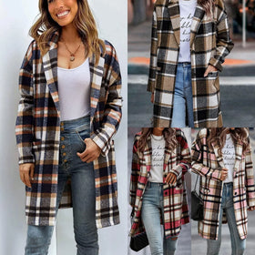 Women's 2025 Plaid Shacket Jacket Casual Button Wool Blend Winter Tartan Trench Coat With Pockets