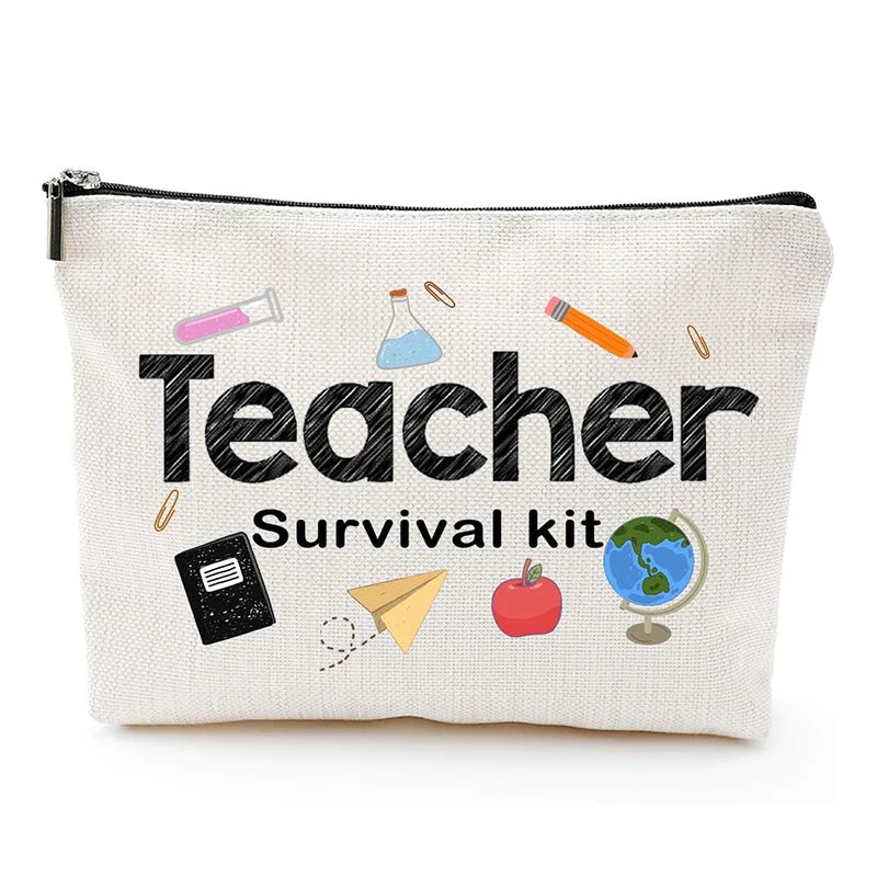 Custom Logo Natural Linen Teacher Makeup Bag Waterproof Jute Teacher Appreciation Gift Pouches