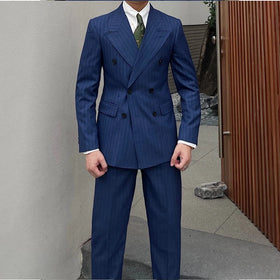New Gentleman British Striped Double Breasted Suit Men Classic Business Suits Luxury 2 Pieces Set
