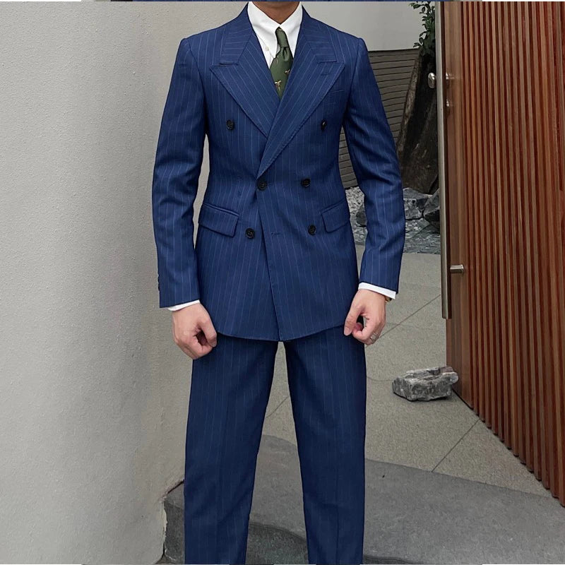New Gentleman British Striped Double Breasted Suit Men Classic Business Suits Luxury 2 Pieces Set