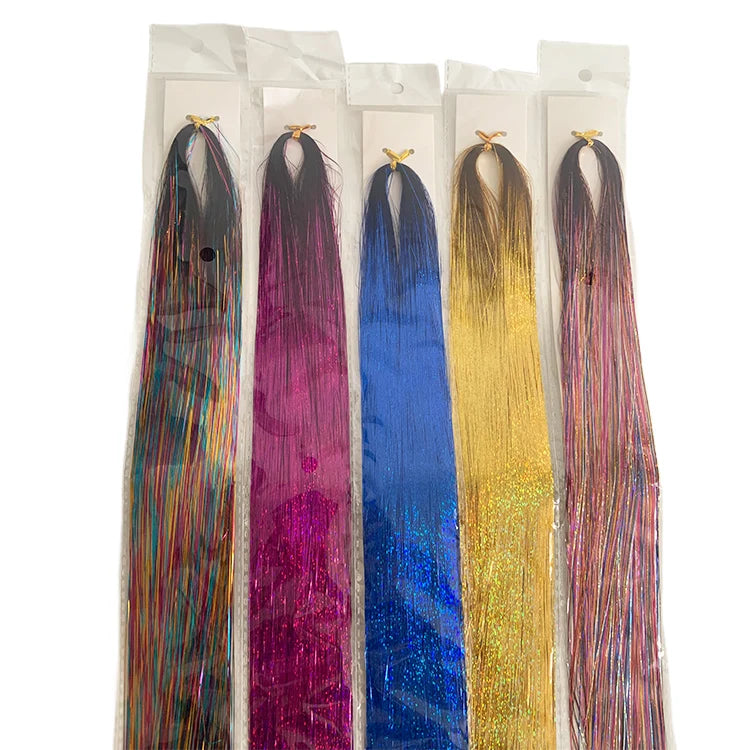 Wholesale Long 48Inch 120cm Dyed High Temperature Fiber Gold Silver Holographic Glitter Single Weft Straight Extensions Hair