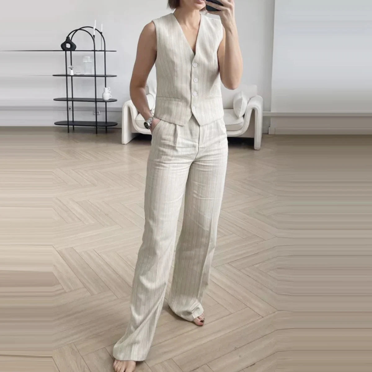 Enyami Waistcoat Casual Pants Two Piece Women Striped Beige Daily Fashion Sleeveless Vest Low Rise Pants Set