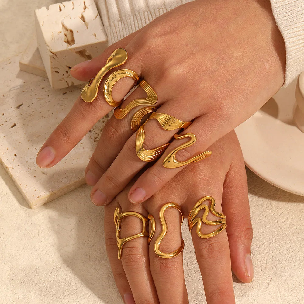 MC222 Wholesale 18K Gold Plated Hand Jewelry Geometric Irregular Stainless Steel Ring Smooth Line Open Ring Women Fashion Rings