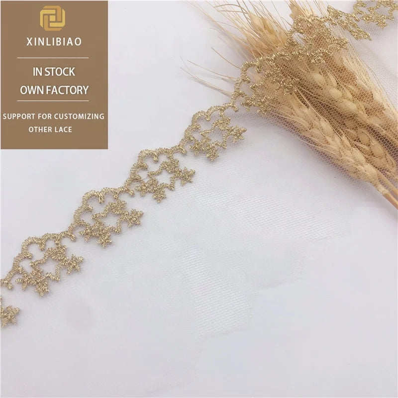 Gold Lace Gauze Embroidery Bar Code Star Accessories for Dresses and Skirts with Gold Thread for Shoes and Bags