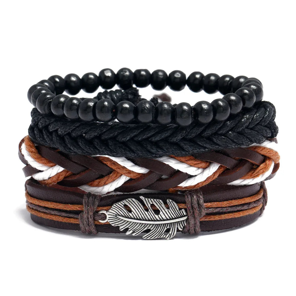 Vintage Multilayer Woven Beaded Bracelets 4pcs Men's Cow Leather Feather Charm Bracelets Fashionable Accessory
