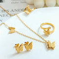 18k Gold Plated Stainless Steel Butterfly Necklace Earrings Rings Butterfly Jewelry Set