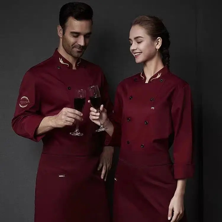 4 Colors Long Short Sleeves Royal Collar Chef Coat with Aprons