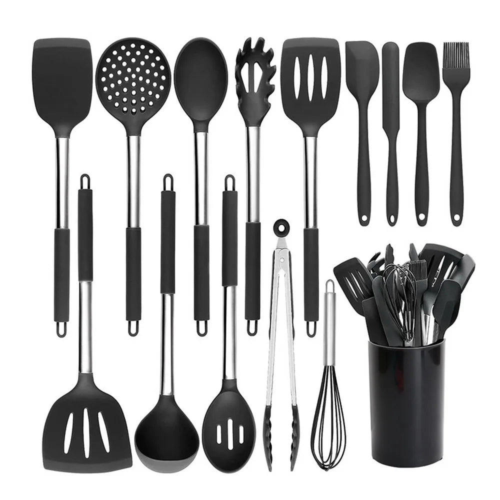BPA Free 15 Pcs Non-stick Stainless Steel and Silicone Kitchen Cooking Utensils Set with Holder