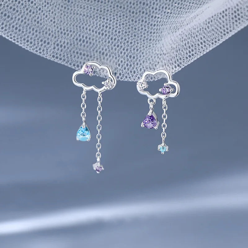 Wholesale Fashion Gold Plated Brass Jewelry Cute Asymmetrical Drop Earrings with Cloud Tassel Pendant Zircon Studs for Women