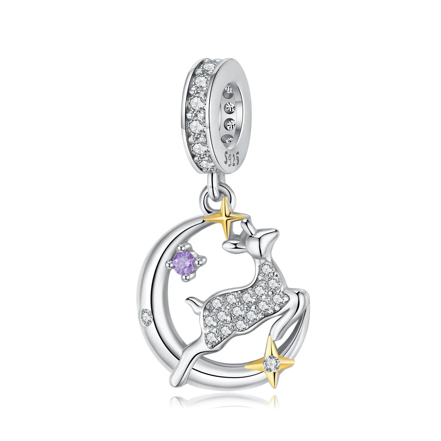 Moon & Elk Pendant with clear CZ Charm 925 Sterling Sliver Bead Gold Plated Stars Fit Original Women Bracelet Christmas Jewelry