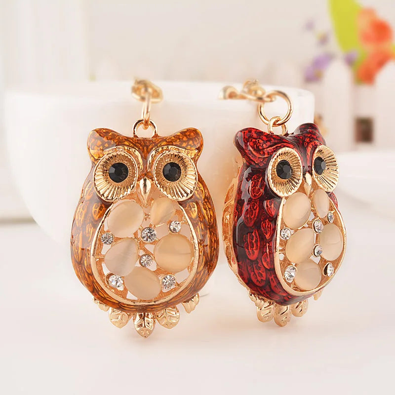 Wholesale Gold Metal Animal Owl Key Chain Women Red Opal Owl Shaped Keychain Accessory