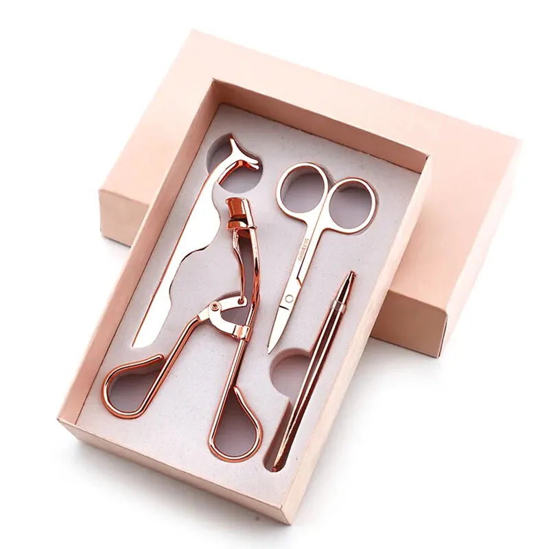 Beauty Tweezers Sets 4 Pcs Eyelash Curler Set With Custom Rose Gold Eyelash Applicator Tweezers Eyebrow Clip Kit