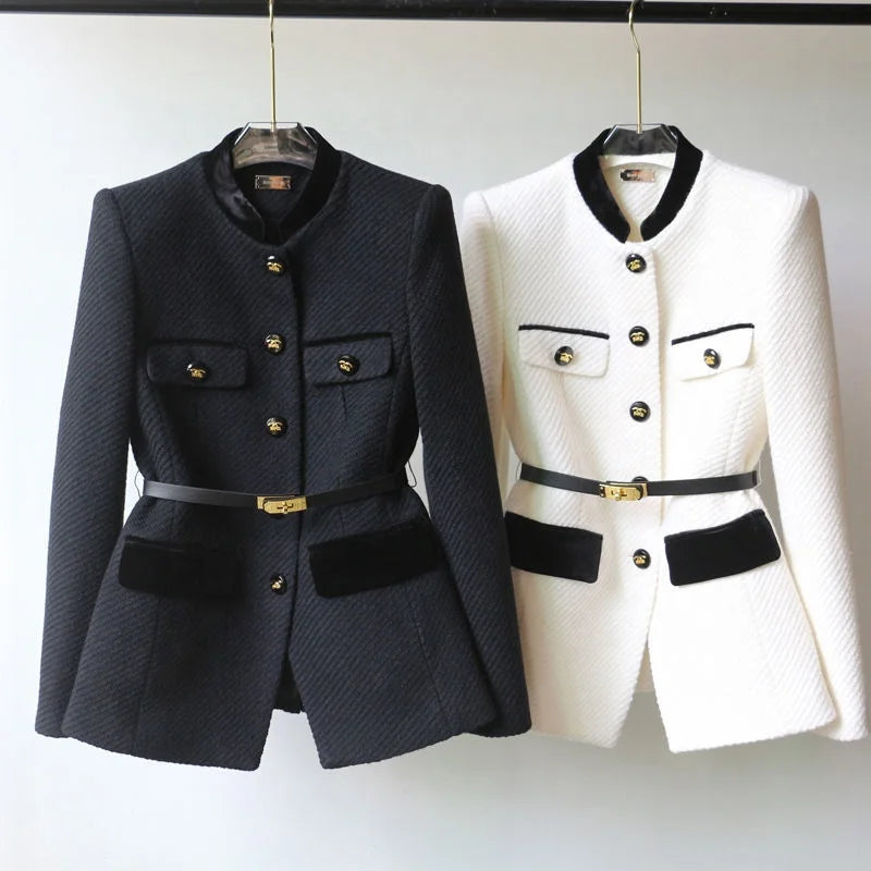2025 Stand-up Collar Coat Spring New Fashion Long Tunic Small Fragrant Wind Is Shoulder Women