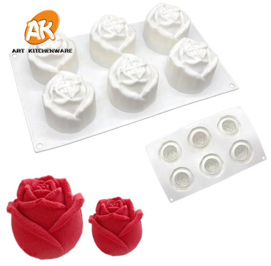 AK New 6 Cavities Rose Mousse Cake Silicone Molds Soap Mould Fondant Cake Decorating Tools for Bakery MC-223