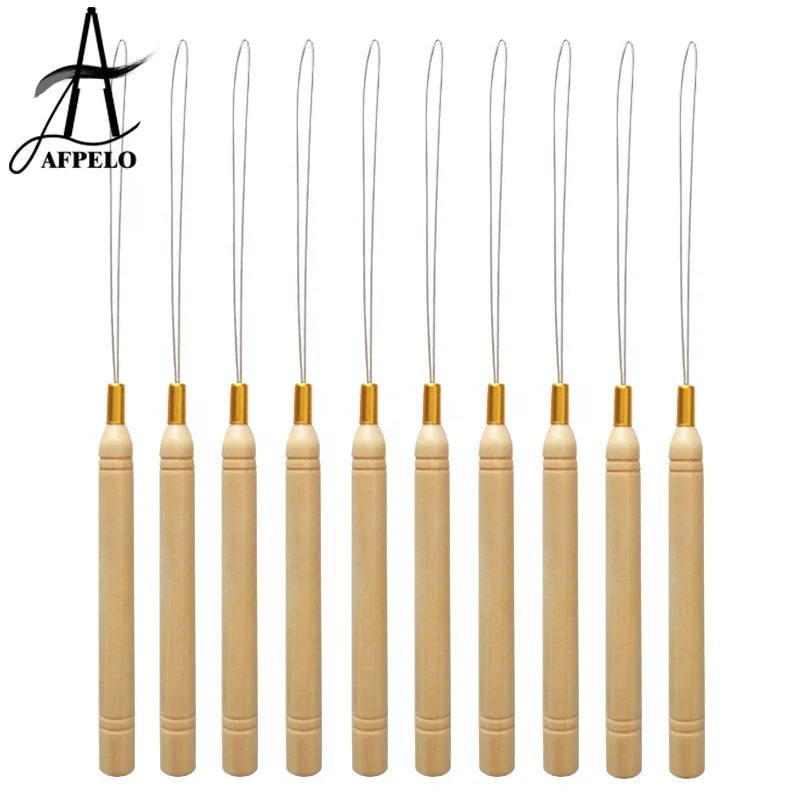 Wooden Handle Weaving Needle Hair Extension Hook Pulling Tool Needle Threader Micro Rings Beads Loop