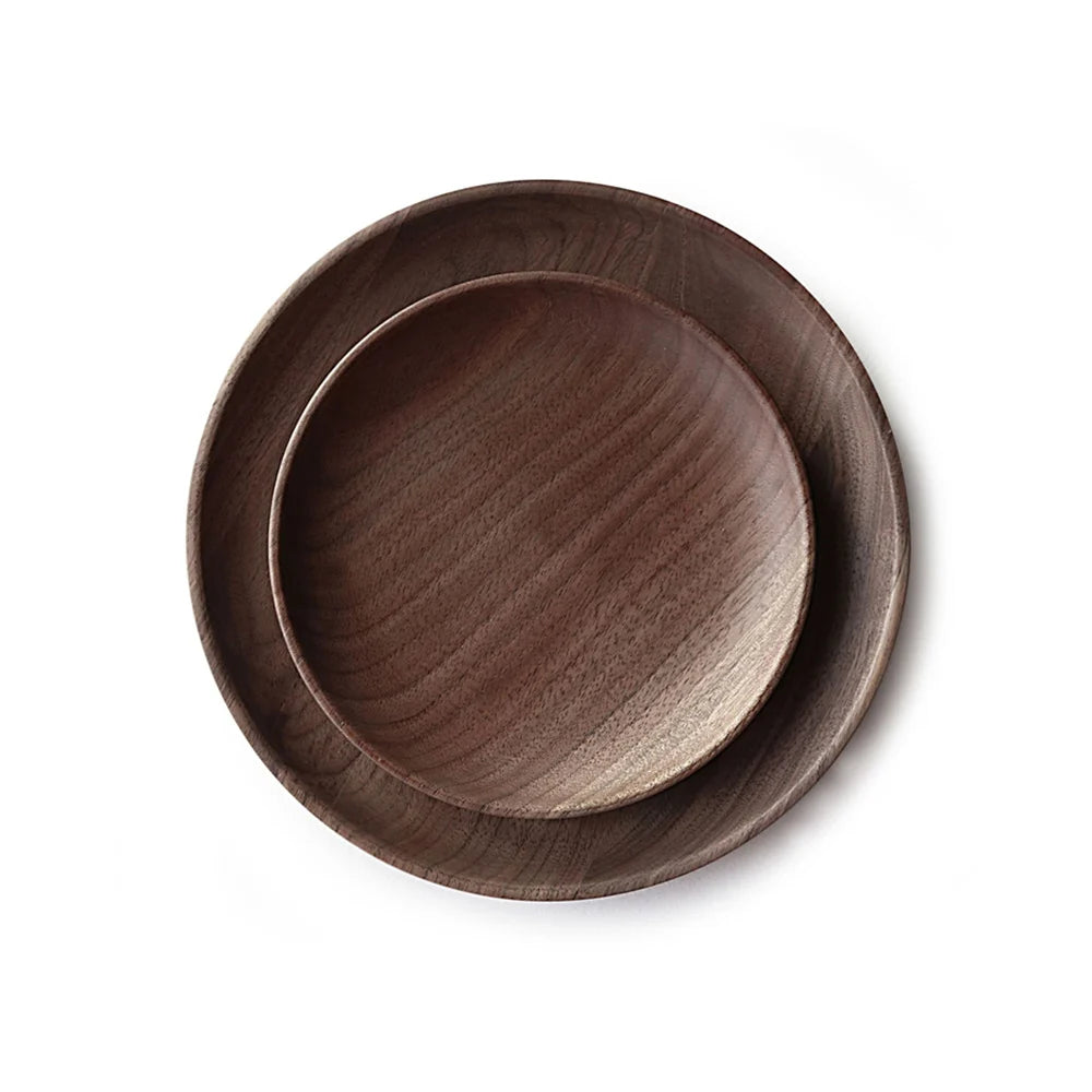 Custom Logo Luxury Hotel Restaurant Rustic Round Walnut Sushi Food Fruit Cake Dessert Wooden Plate