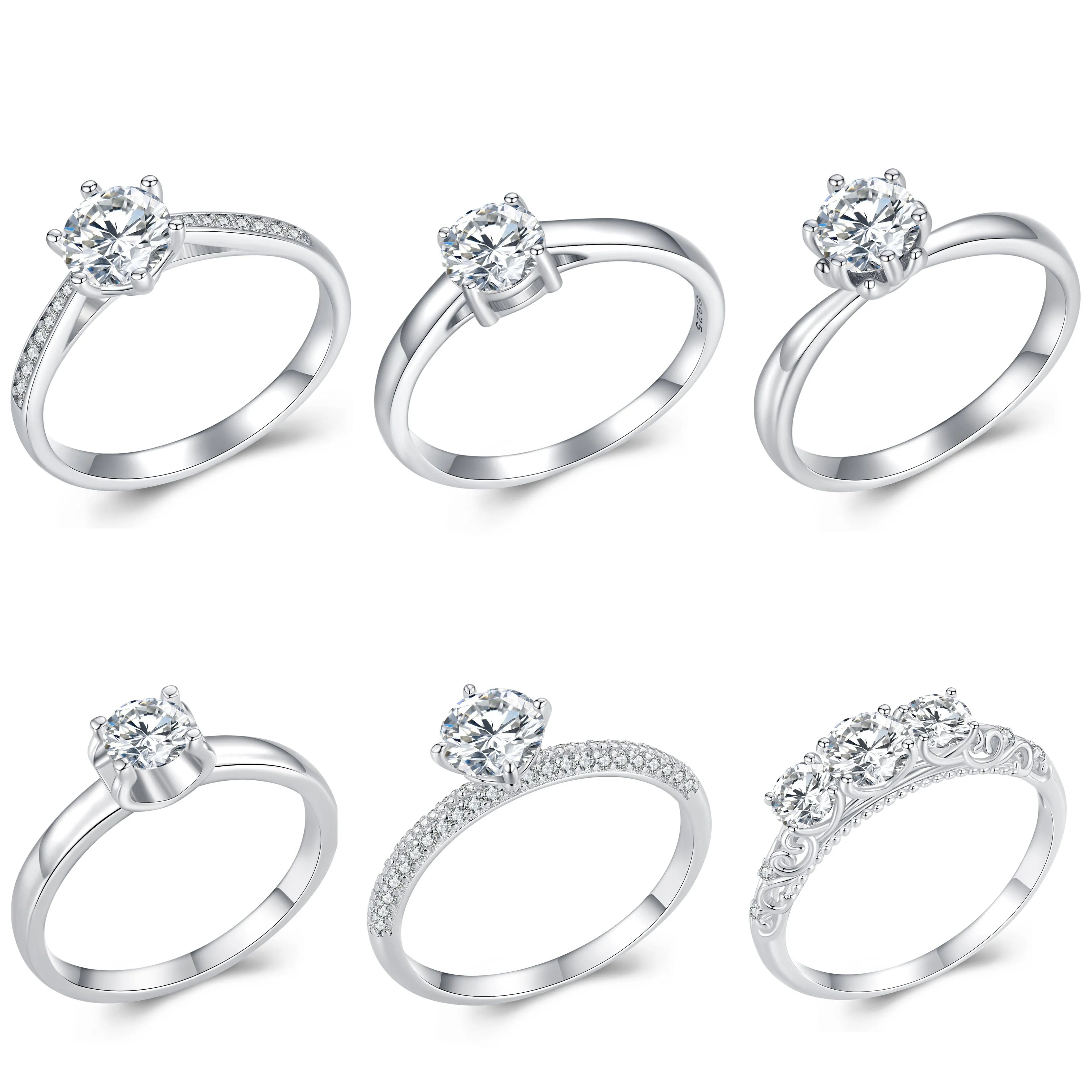 Hot Sale 925 Sterling Silver Jewelry White Gold Plated Shiny Moissanite Diamond for Women Wedding Rings Engagement Fine Jewelry