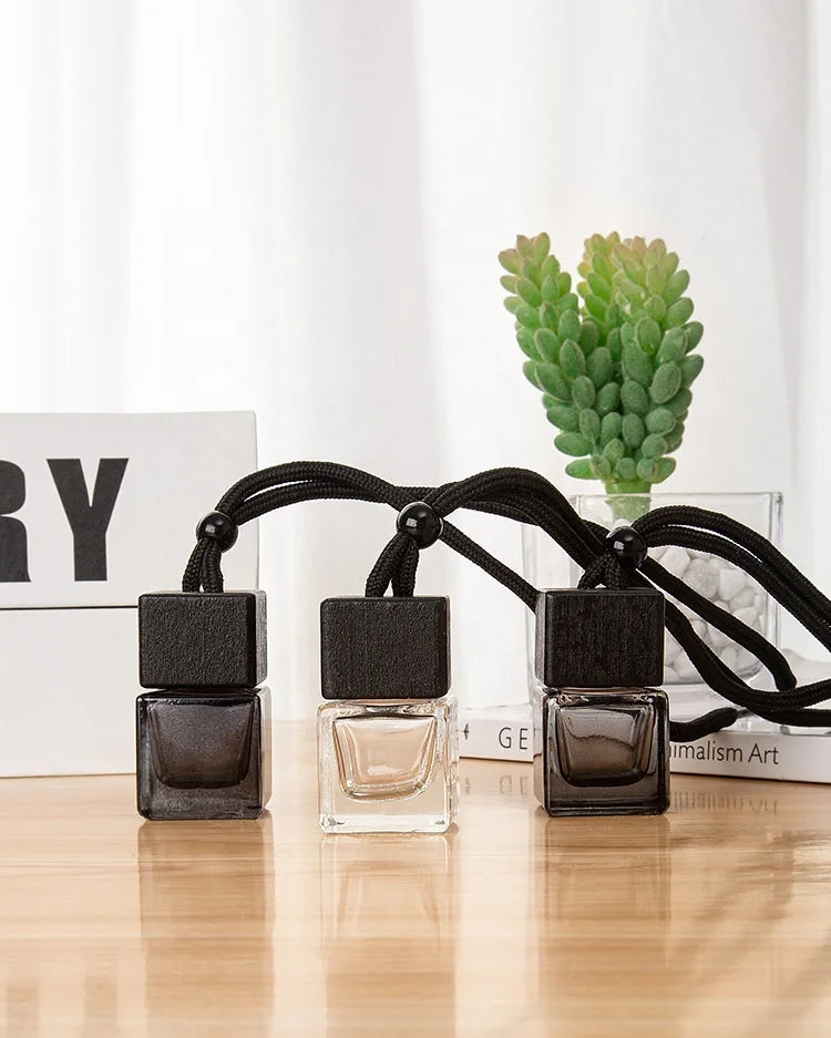 6ml Square Shaped Hanging Car Perfume Bottle Aroma Bottles Glass Car Perfume Bottle With Wooden Lip