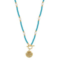 Rinnin GPN82 Turquoise with Cultured Freshwater Pearl Beads Chain Clawing Setting Zirconia Shell Shape Pendant Necklace