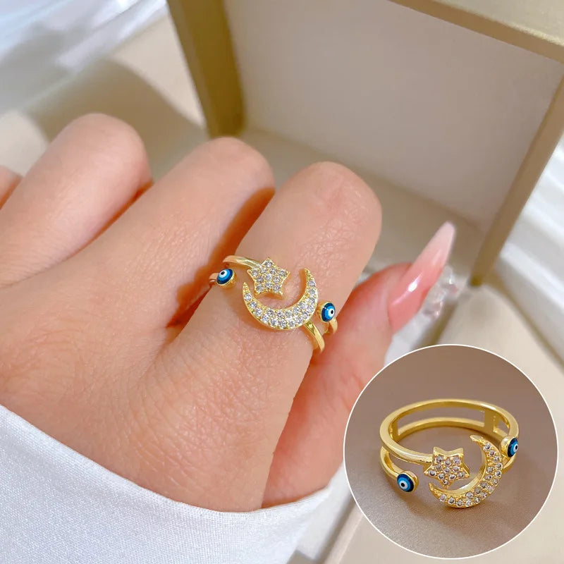 Trendy Open Adjustable Gold Plated Turkish Blue Eyes Ring Bling Rhinestone Crystal Star Moon Finger Ring for Women