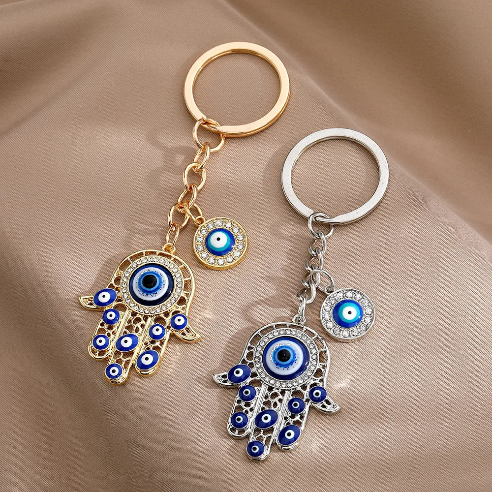 Wholesale Key Bag Charms Gold Silver Plated Keyring Crystal Pink Blue Enamel Fatima Hand Women Turkish Evil Eye Keychain
