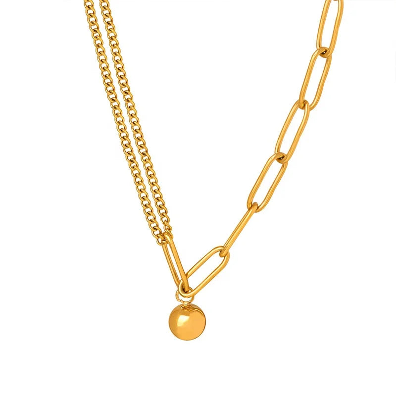 18k Gold Plated Stainless Steel Women Fashion Design Creative Jewelry Double Layers Splicing Round Ball Pendant Necklace