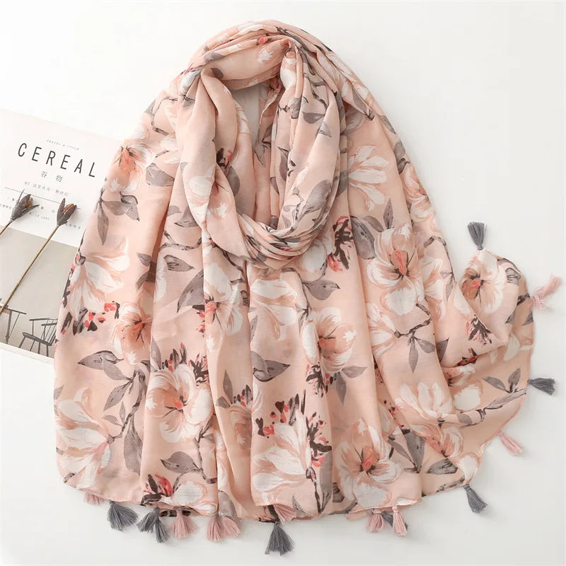 Fashion 180*90cm Long Large Soft Cotton Feeling Floral Printed Shawls With Tassels One Piece Flower Muslim Hijab Islamic Scarf