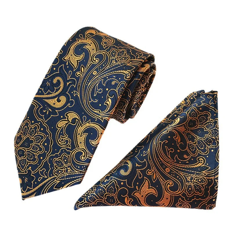 8cm Necktie with Pocket Hanky Set Silk Woven Handmade Vintage Blue Geometric Floral Fashion Cravats Men Tie and Pocket Squares