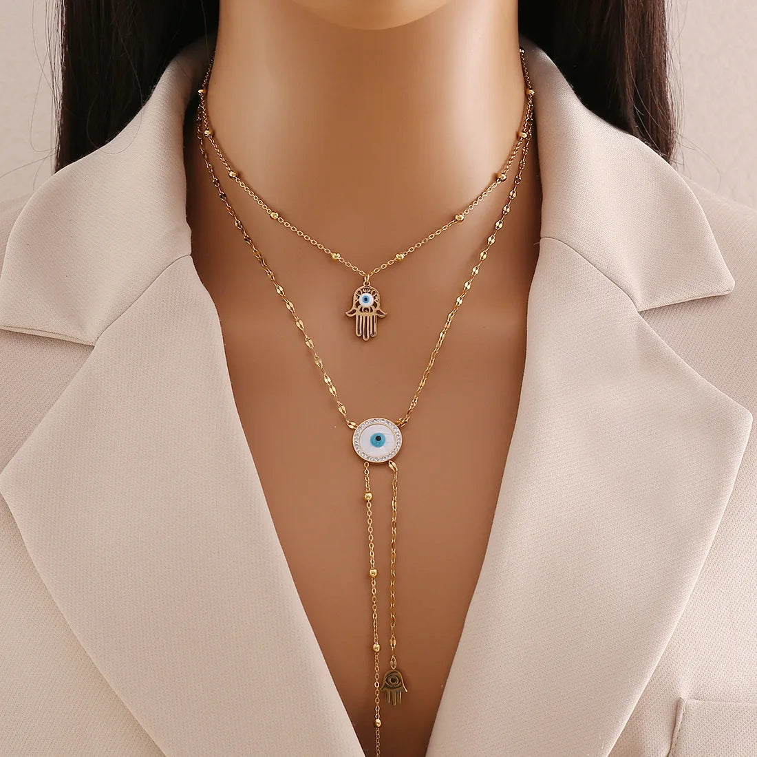 Women's Stainless Steel Long Necklace with Imitation Pearl Lot of Beaded Charms Jewelry