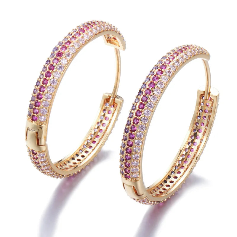 Designer Rainbow Red Purple Double Side Cubic Zirconia Black Gold Plated Round Huggie Hoop Earrings for Women Gift Accessories