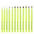 New Design Fluorescent Green Plastic Handle 12pcs Gel Drawing Line Flower Nail Pen Set Custom Logo Professional Salon Nail Tools