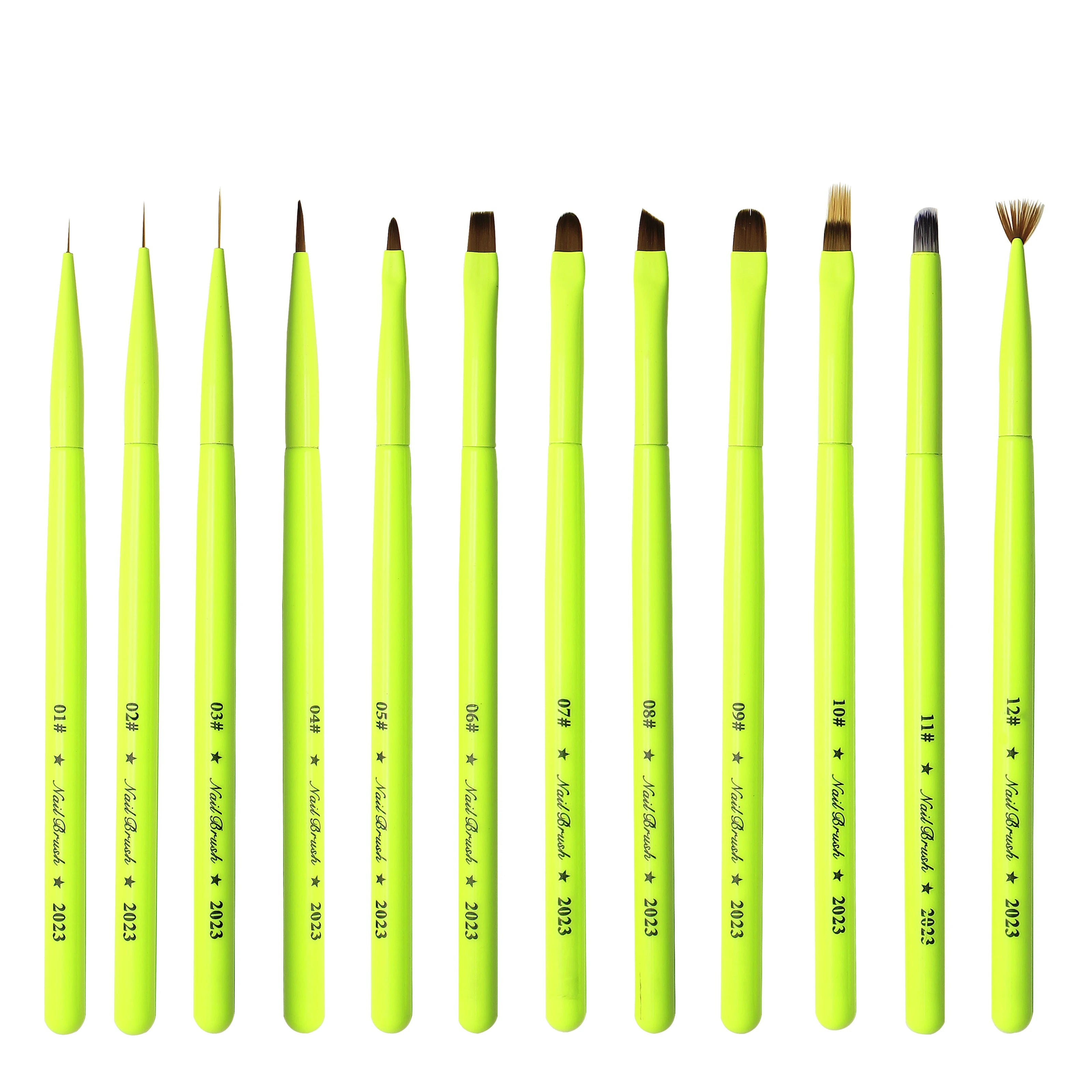 New Design Fluorescent Green Plastic Handle 12pcs Gel Drawing Line Flower Nail Pen Set Custom Logo Professional Salon Nail Tools