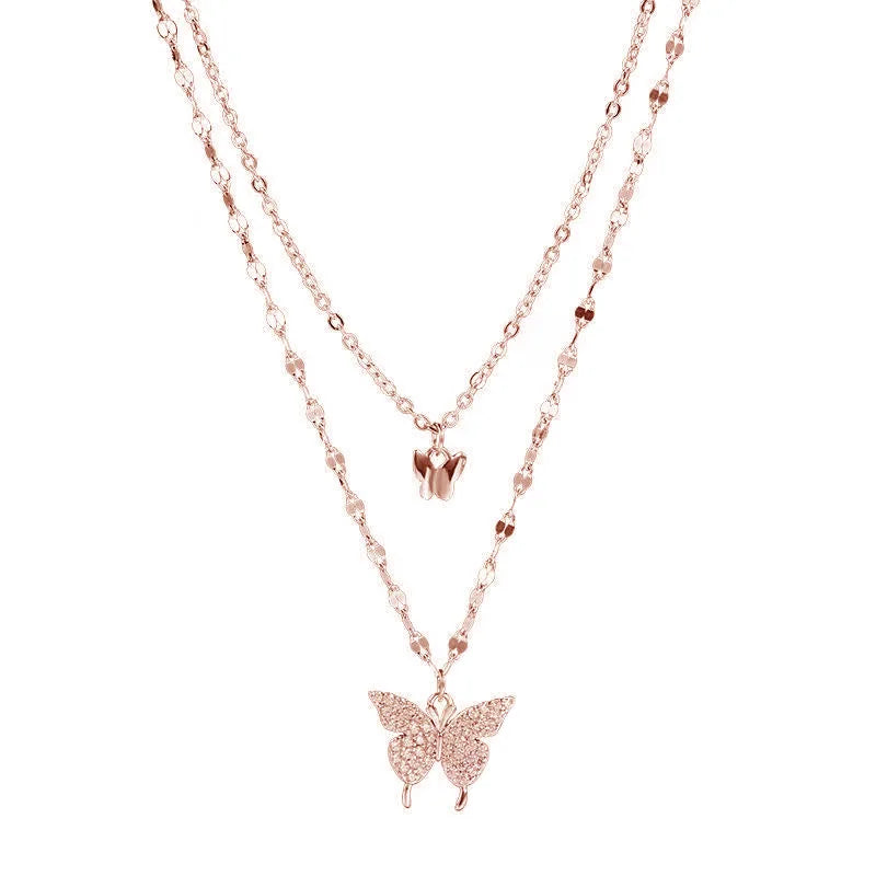 Fashion Korean-Style Flash Butterfly Double-Layer Necklace Simple Elegant Cold Style Ins Clavicle Chain Internet Animal Pendant
