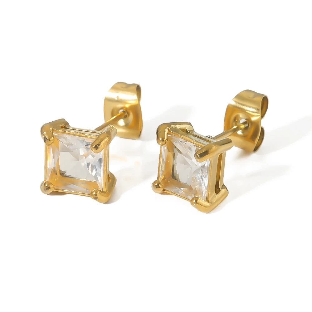 Popular Non Tarnish Stainless Steel 18K Gold Plated Square White Crystal Cubic Zircon Stud Earrings for Female