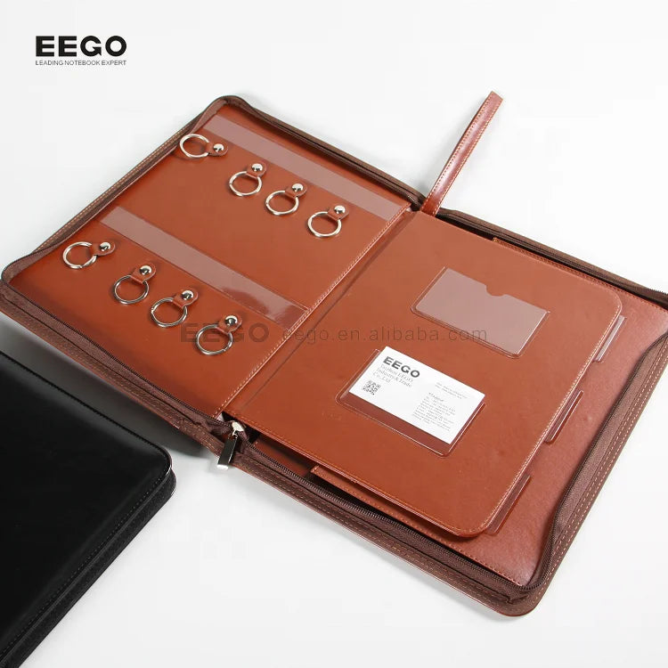 Vegan Office Business Custom Logo Zippered Pad Holder Document Organizer Folders Pu Leather File Portfolio Folio