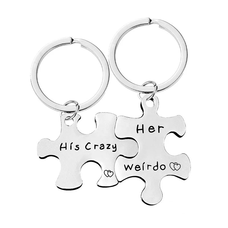 Style Stainless Steel Keychain Custom logo Puzzle Pendant Ornaments Enamel Lettering for Couples Valentine's Day Gift