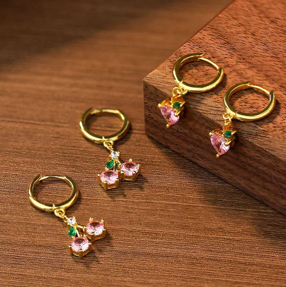 Europe Wholesale Cute Sweet Colored Zircon Hoop Earrings Elegant Cherry Shape Fruit CZ 925 Sterling Silver Earrings